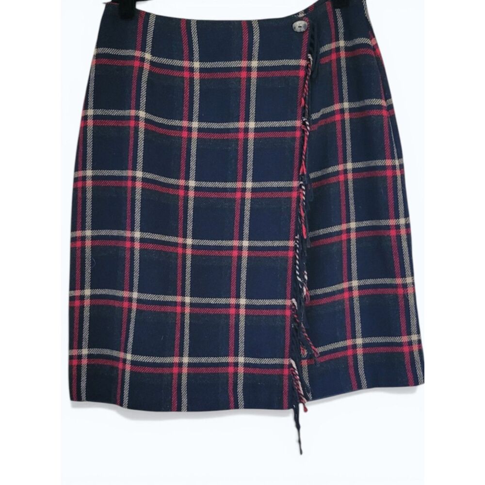 Vintage 90s Sag Harbor Plaid Wool Faux Wrap Skirt Fringe Cottagecore Academia